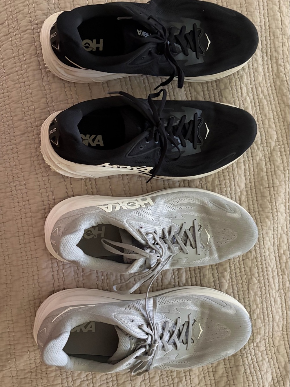 Hoka Men's Clifton 10- two pairs - Sz 15— Black and Light Gray-like new